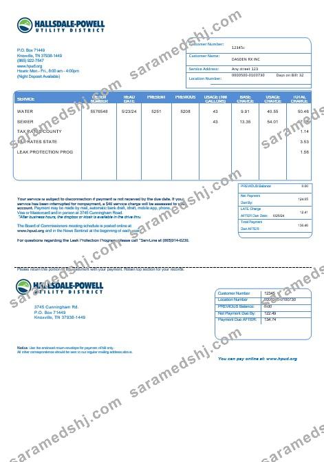 USA Hallsdale-Powell business utility bill template in Word and PDF formats